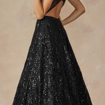 Juliet 297 Floor Length Feathered Cap Sleeve Patterned Sequin A-Line Gown