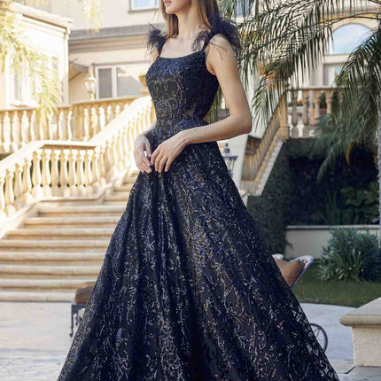 Juliet 297 Floor Length Feathered Cap Sleeve Patterned Sequin A-Line Gown