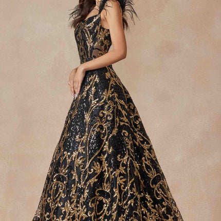 Juliet 297 Floor Length Feathered Cap Sleeve Patterned Sequin A-Line Gown