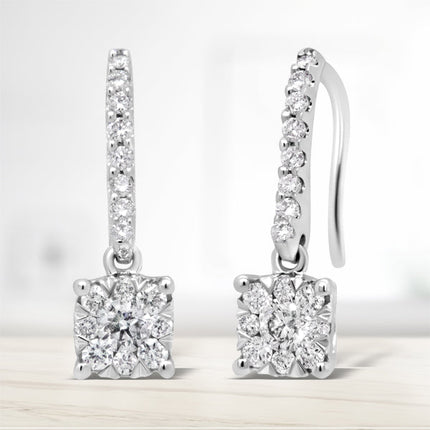 14K White 1/2 Cttw Round Diamond Halo Dangle Hook Earring - (H-I Color, SI2-I1 Clarity)
