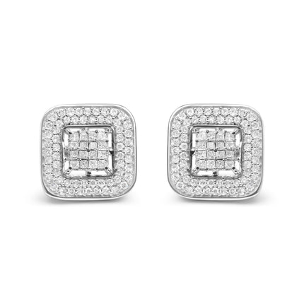 10K White Gold 1.0 Cttw Round and Princess Cut Diamond Composite Open Halo Stud Earrings (H-I Color, SI1-SI2 Clarity)