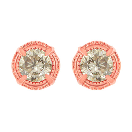 14K Yellow Gold Plated .925 Sterling Silver 1.0 Cttw Round Brilliant Cut Diamond Solitaire Milgrain Stud Earrings (K-L Color, I2-I3 Clarity)