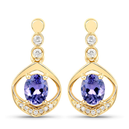 0.76 Carat Genuine Tanzanite and White Diamond 14K Yellow Gold Earrings