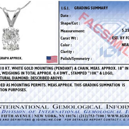 IGI Certified 10K White Gold 3/8 cttw Prong Set Diamond Oval Pendant Necklace (I-J Color, I1 Clarity) - Size 18"
