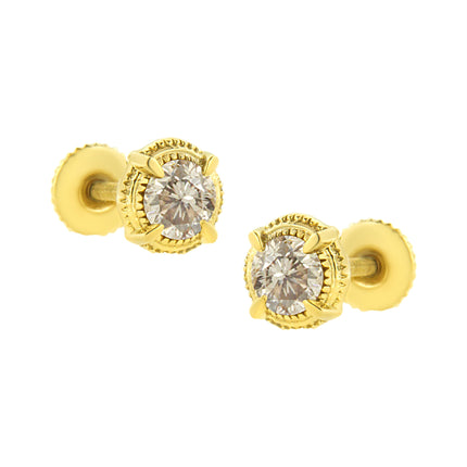 14K Yellow Gold Plated .925 Sterling Silver 1.0 Cttw Round Brilliant Cut Diamond Solitaire Milgrain Stud Earrings (K-L Color, I2-I3 Clarity)