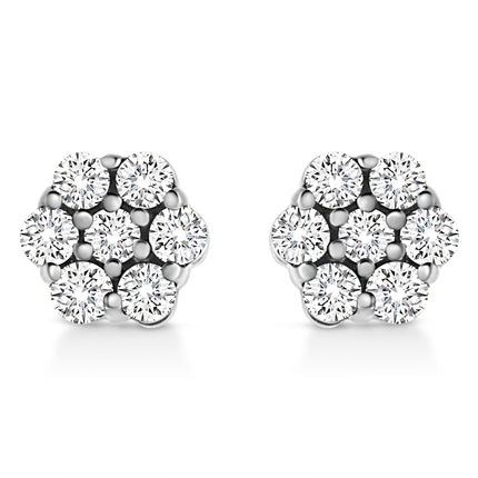 14K White Gold 1/2 Cttw Prong Set Round-Cut Diamond Flower Stud Earring (H-I Color, I1-I2 Clarity)