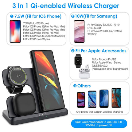 3-in-1 Fast Wireless Charger for Qi-enable Phones, Earphones and Watches