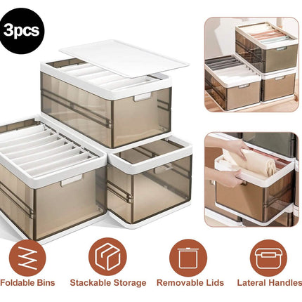 3-Pack: Foldable Storage Bin with Lid Stackable Plastic Closet Organizer
