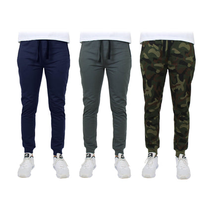 3-Pack: Men's Slim Fitting French Terry Jogger Lounge Pants with Zipper Pockets