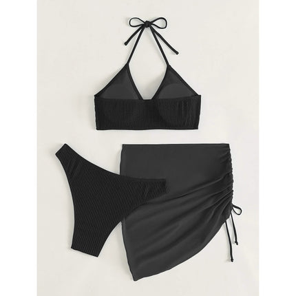 3-Pack: Textured Ring Linked Halter Bikini Swimsuit & Beach Skirt