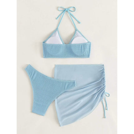 3-Pack: Textured Ring Linked Halter Bikini Swimsuit & Beach Skirt