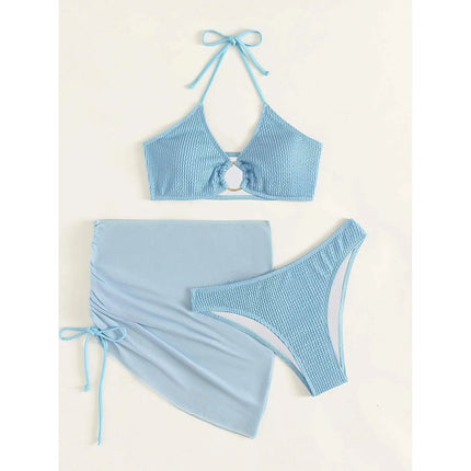 3-Pack: Textured Ring Linked Halter Bikini Swimsuit & Beach Skirt