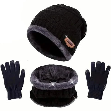 3-Piece Set: Black Knit Hats Warm Beanies Winter Neck Gaiter Elastic Gloves
