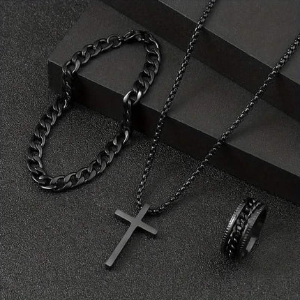 3-Piece Set: Fashion Versatile Dark Cross Stainless Steel Jewelry
