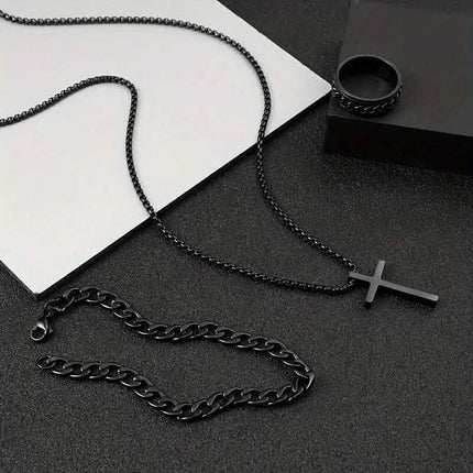 3-Piece Set: Fashion Versatile Dark Cross Stainless Steel Jewelry