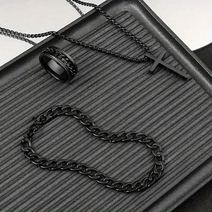 3-Piece Set: Fashion Versatile Dark Cross Stainless Steel Jewelry