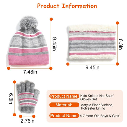 3-Piece Set: Winter Kids Knitted Warm Beanie Hat and Glove for 4-7 Years Old
