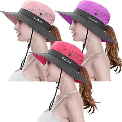 3-Piece: Women's Ponytail Wide Brim Sun Hat
