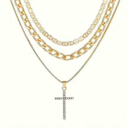 3-Piece: Women's Retro Luxury Artificial Crystal Cross Stackable Necklace Set