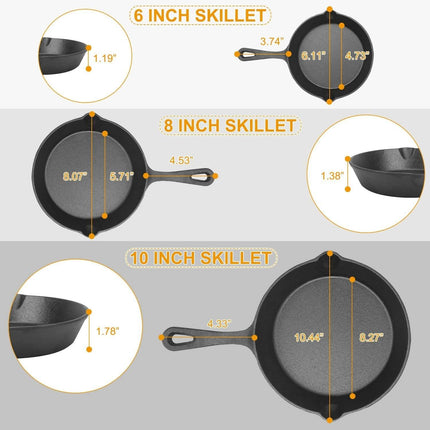 3-Pieces: Pre-Seasoned Cast Iron Skillet