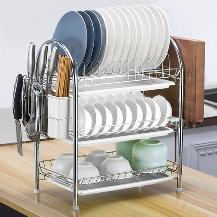 3-Tier Dish Drying Rack Shelf with 3 Drain Trays Chopping Board