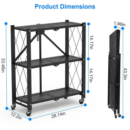 3-Tier Foldable Storage Shelf with Lockable Wheels No Assembly