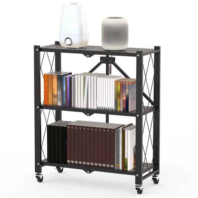3-Tier Foldable Storage Shelf with Lockable Wheels No Assembly