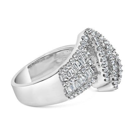 14K White Gold 1-1/2 Cttw Round and Baguette Diamond Bypass Cocktail Ring Band (H-I Color, SI1-SI2 Clarity) - Size 7