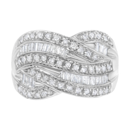 .925 Sterling Silver 1.0 Cttw Channel Set Alternating Round and Baguette Diamond Cross-over Bypass Ring Band (I-J Color, I2-I3 Clarity) - Size 7