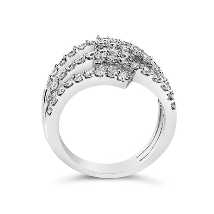 18K White Gold 1 3/4 Cttw Diamond Multi Crossover and Split Shank Cocktail Ring