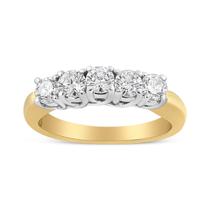 1.0 Cttw Diamond 5 Stone Ring Band in 18K Yellow Gold – Round Cut Wedding Anniversary Ring