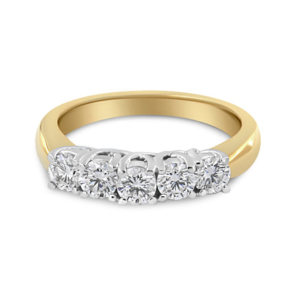1.0 Cttw Diamond 5 Stone Ring Band in 18K Yellow Gold – Round Cut Wedding Anniversary Ring
