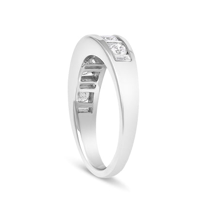 14K White Gold Alternating 1.0 Cttw Round and Baguette Diamond Channel Band Ring