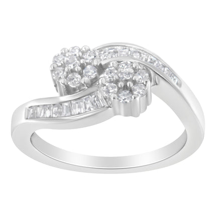 14K White Gold Round and Baguette Diamond Bypass Ring (1/2 cttw, H-I Color, I1-I2 Clarity) - Ring Size 6