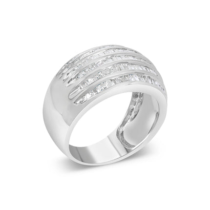 .925 Sterling Silver 1.0 Cttw Baguette-Cut Diamond 6-Row Channel Set Domed Tapered Cocktail Fashion Ring (H-I Color, I2-I3 Clarity) - Size 6-1/2