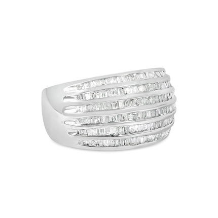.925 Sterling Silver 1.0 Cttw Baguette-Cut Diamond 6-Row Channel Set Domed Tapered Cocktail Fashion Ring (H-I Color, I2-I3 Clarity) - Size 6-1/2