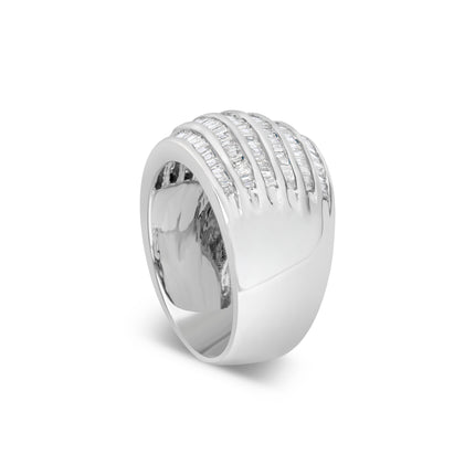 .925 Sterling Silver 1.0 Cttw Baguette-Cut Diamond 6-Row Channel Set Domed Tapered Cocktail Fashion Ring (H-I Color, I2-I3 Clarity) - Size 6-1/2