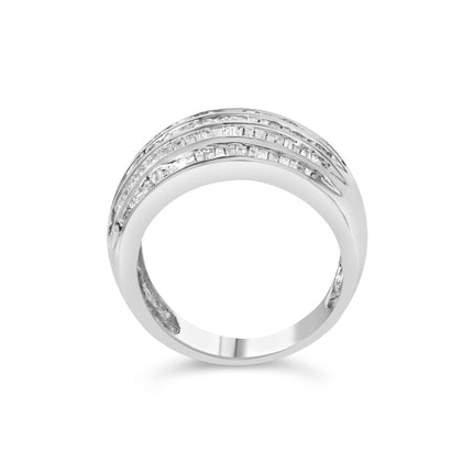 .925 Sterling Silver 1.0 Cttw Baguette-Cut Diamond 6-Row Channel Set Domed Tapered Cocktail Fashion Ring (H-I Color, I2-I3 Clarity) - Size 6-1/2