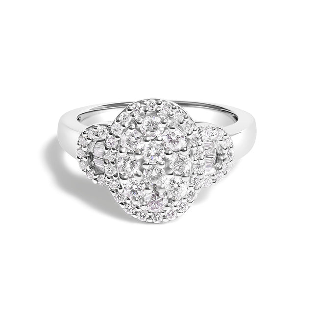 10K White Gold 1.0 Cttw Diamond Oval Cluster with Halo Vintage-Inspired Art Deco 3 Stone Style Statement Ring (G-H Color, SI1-SI2 Clarity) - Size 7