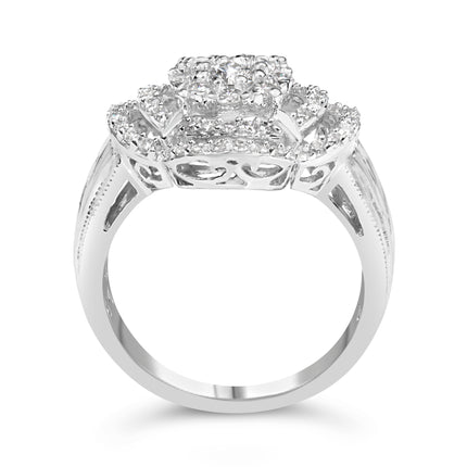 14K White Gold 1.0 Cttw Round & Baguette Cut Diamond Floral Cluster Quatrefoil Channel Set Band Cocktail Statement Ring (H-I Color, SI2-I1 Clarity) - Size 6-3/4