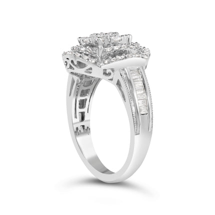 14K White Gold 1.0 Cttw Round & Baguette Cut Diamond Floral Cluster Quatrefoil Channel Set Band Cocktail Statement Ring (H-I Color, SI2-I1 Clarity) - Size 6-3/4