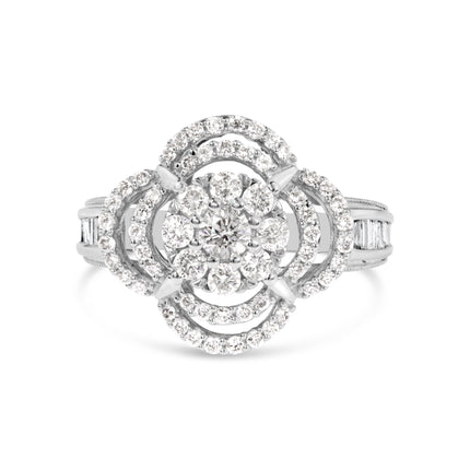 14K White Gold 1.0 Cttw Round & Baguette Cut Diamond Floral Cluster Quatrefoil Channel Set Band Cocktail Statement Ring (H-I Color, SI2-I1 Clarity) - Size 6-3/4