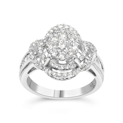 14K White Gold 1.0 Cttw Round & Baguette Cut Diamond Floral Cluster Quatrefoil Channel Set Band Cocktail Statement Ring (H-I Color, SI2-I1 Clarity) - Size 6-3/4