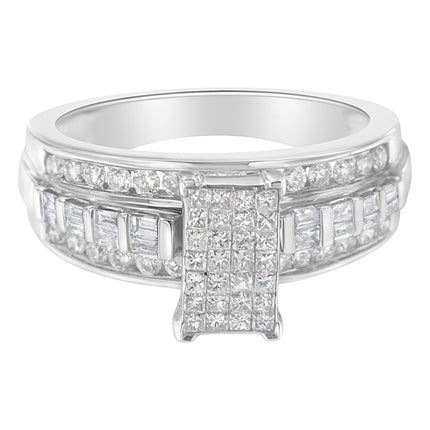 14K White Gold 1.0 Cttw Mixed-Cut Diamond Rectangle Invisible-Set Composite Cluster Ring with Bar- and Channel-Set Band (H-I Color, SI2-I1 Clarity) - Size 7