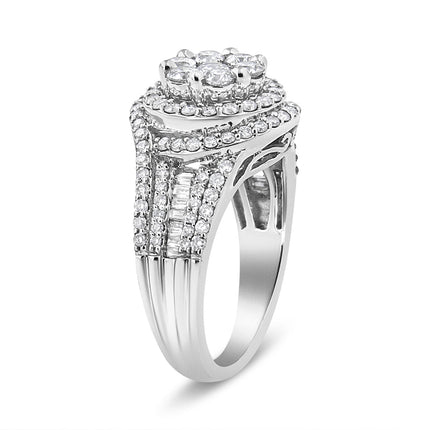 14K White Gold 1 1/2 Cttw Diamond Floral Cluster and Studded Shank Halo Ring (H-I Color, SI2-I1 Clarity) - Ring Size 7