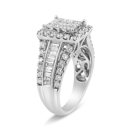 2 Ct Diamond Halo Ring 14K White Gold | Composite Head with Side Stones