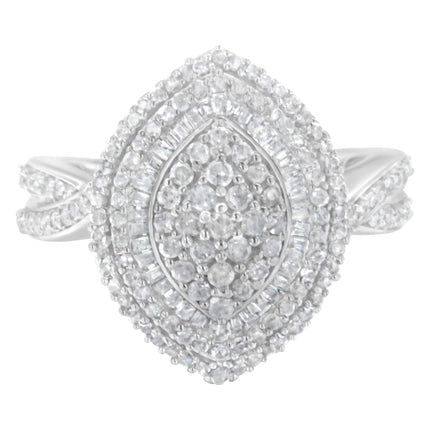 .925 Sterling Silver 1.0 Cttw Round & Baguette-Cut Diamond Marquise-Shaped Cluster Triple Stepped Halo Cocktail Fashion Ring (I-J Color, I2-I3 Clarity) - Size 7