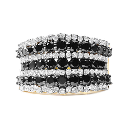 14K Yellow Gold Plated .925 Sterling Silver 1 3/4 Cttw Treated Black and White Alternating Diamond Multi Row Band Ring (Black / I-J Color, I2-I3 Clarity) - Size 7