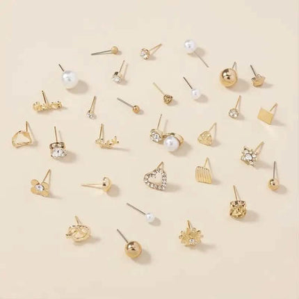 30-Pairs: Alloy Full Rhinestones Love Round Faux Pearl Letter Stud Earrings Set
