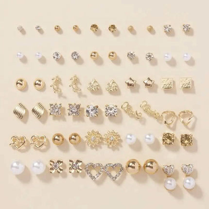30-Pairs: Alloy Full Rhinestones Love Round Faux Pearl Letter Stud Earrings Set